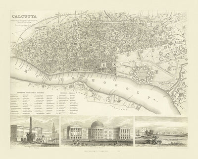 Old Map of Calcutta (Kolkata), 1840: Fort William, Government House, Esplanade Row, Maidan, Howrah Bridge