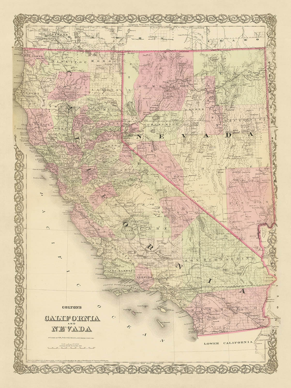 Old Map of California & Nevada by J.H. Colton, 1875: San Francisco, Sacramento, Los Angeles, Carson City, and Virginia City