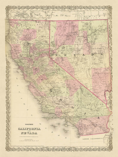 Old Map of California & Nevada by J.H. Colton, 1875: San Francisco, Sacramento, Los Angeles, Carson City, and Virginia City