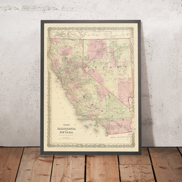 Mapa antiguo de California y Nevada por JH Colton, 1875: San Francisco, Sacramento, Los Ángeles, Carson City y Virginia City