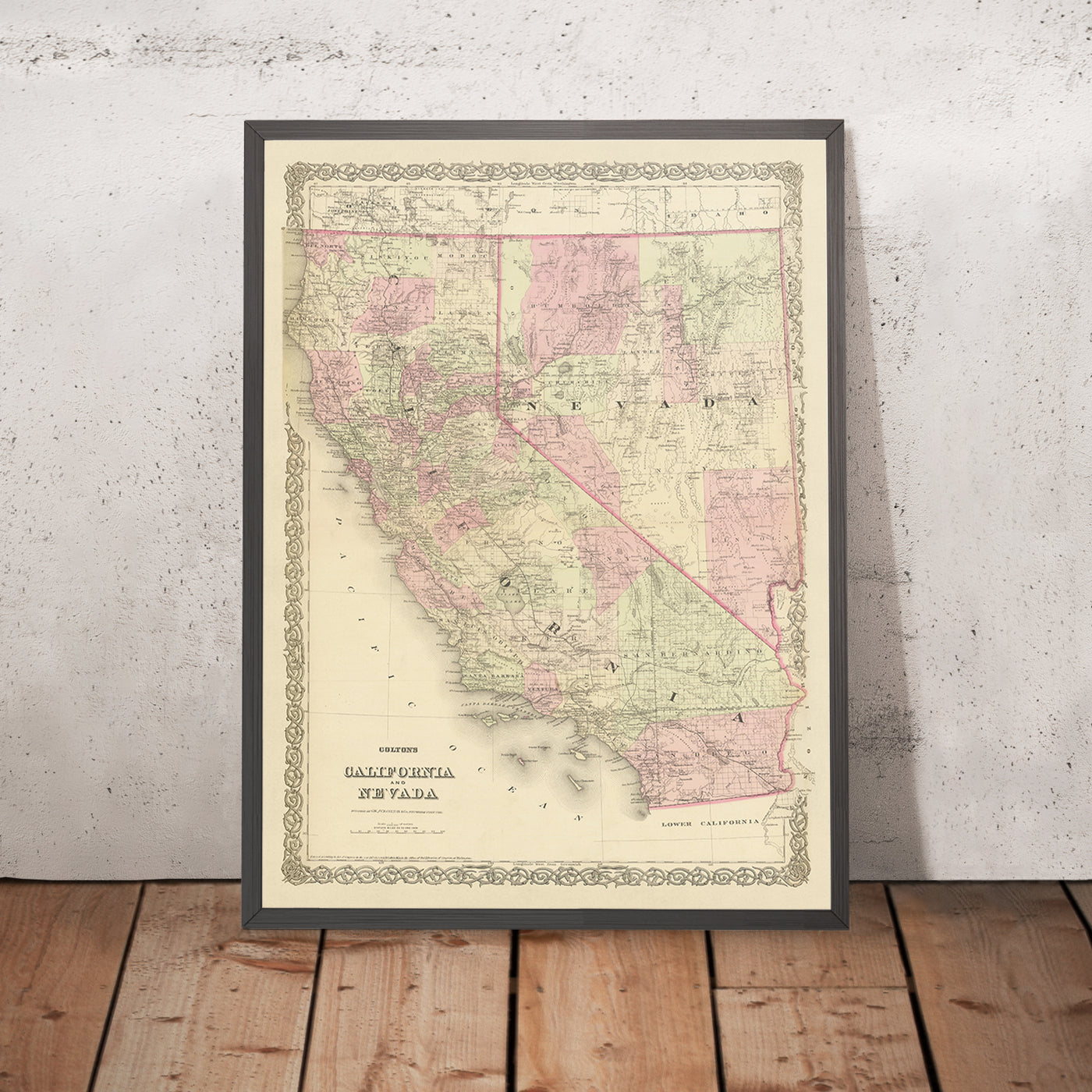 Old Map of California & Nevada by J.H. Colton, 1875: San Francisco, Sacramento, Los Angeles, Carson City, and Virginia City