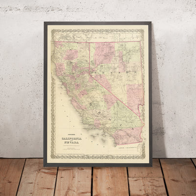 Old Map of California & Nevada by J.H. Colton, 1875: San Francisco, Sacramento, Los Angeles, Carson City, and Virginia City