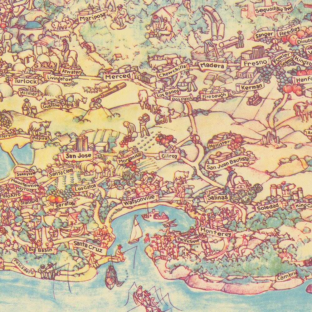 Alte picturale Karte von Kalifornien von De Foy, 1938: LA, SF, Redwood-Bäume, Weinberge, China Clipper 