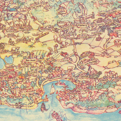 Alte picturale Karte von Kalifornien von De Foy, 1938: LA, SF, Redwood-Bäume, Weinberge, China Clipper 