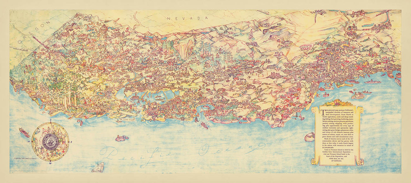 Alte picturale Karte von Kalifornien von De Foy, 1938: LA, SF, Redwood-Bäume, Weinberge, China Clipper 