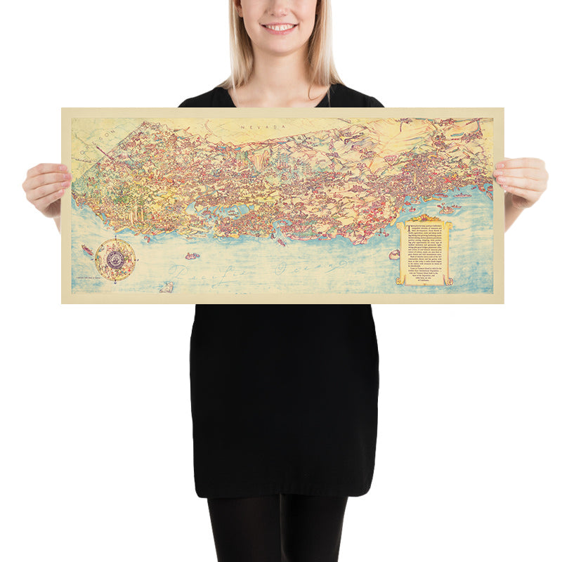 Alte picturale Karte von Kalifornien von De Foy, 1938: LA, SF, Redwood-Bäume, Weinberge, China Clipper 