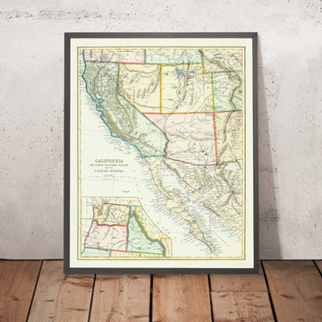 Mapa antiguo de California, Arizona, Nevada, Utah, etc. en 1868: San Francisco, Valle de la Muerte, Sierra Nevada, Río Colorado, Mormones en Utah