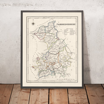 Mapa antiguo de Cambridgeshire de Samuel Lewis, 1844: Ely, Wisbech, Huntingdon, St Ives y March