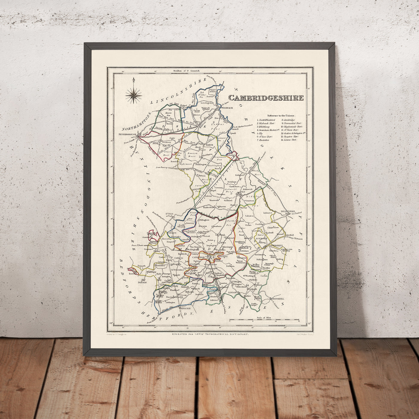 Alte Karte von Cambridgeshire von Samuel Lewis, 1844: Ely, Wisbech, Huntingdon, St Ives und March 