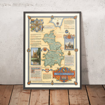 Old Pictorial Map of Cambridgeshire by Clegg, 1947: Cambridge, Ely, WWII, King&