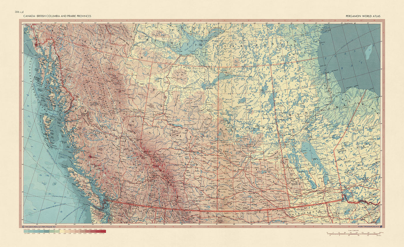 Alte Karte von Kanada, 1967: Edmonton, Calgary, Vancouver, Winnipeg, Rocky Mountains 