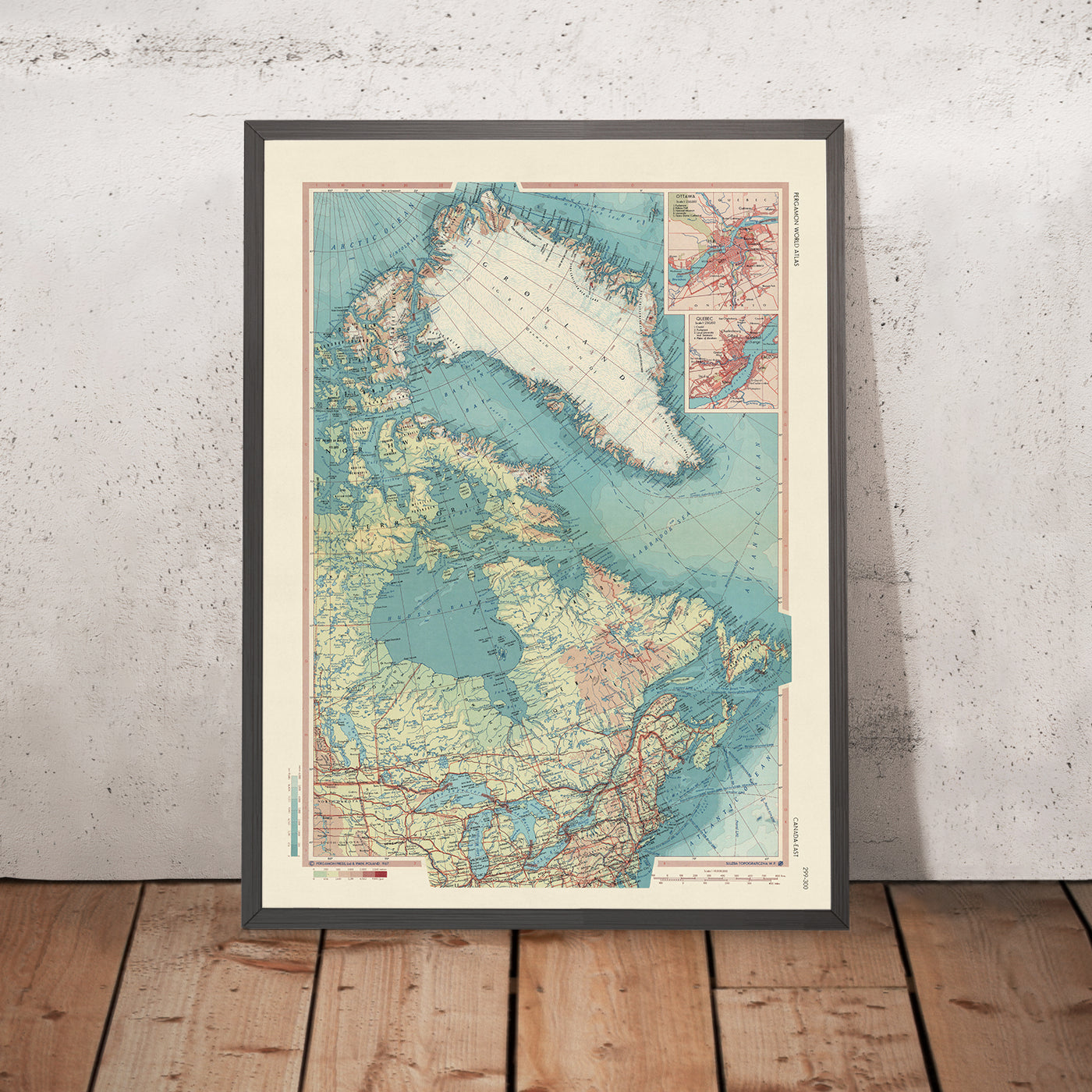Alte Karte von Ostkanada, 1967: Ontario, Grönland, Neufundland, Labrador, Detaillierter politischer und physischer Atlas 