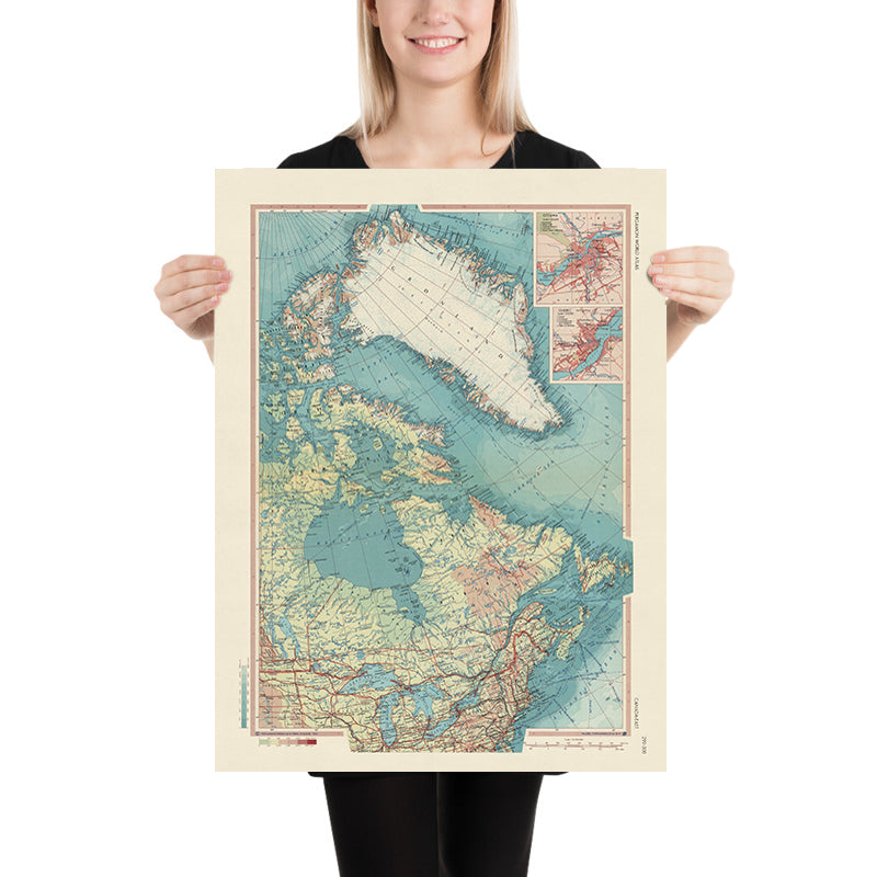 Alte Karte von Ostkanada, 1967: Ontario, Grönland, Neufundland, Labrador, Detaillierter politischer und physischer Atlas 