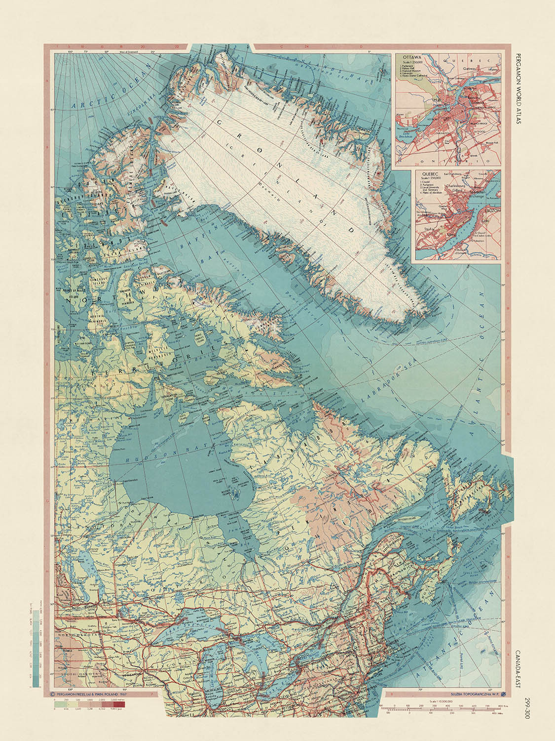 Alte Karte von Ostkanada, 1967: Ontario, Grönland, Neufundland, Labrador, Detaillierter politischer und physischer Atlas 