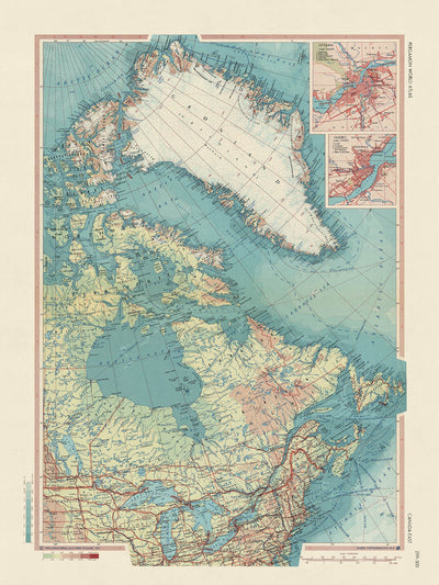 Alte Karte von Ostkanada, 1967: Ontario, Grönland, Neufundland, Labrador, Detaillierter politischer und physischer Atlas 