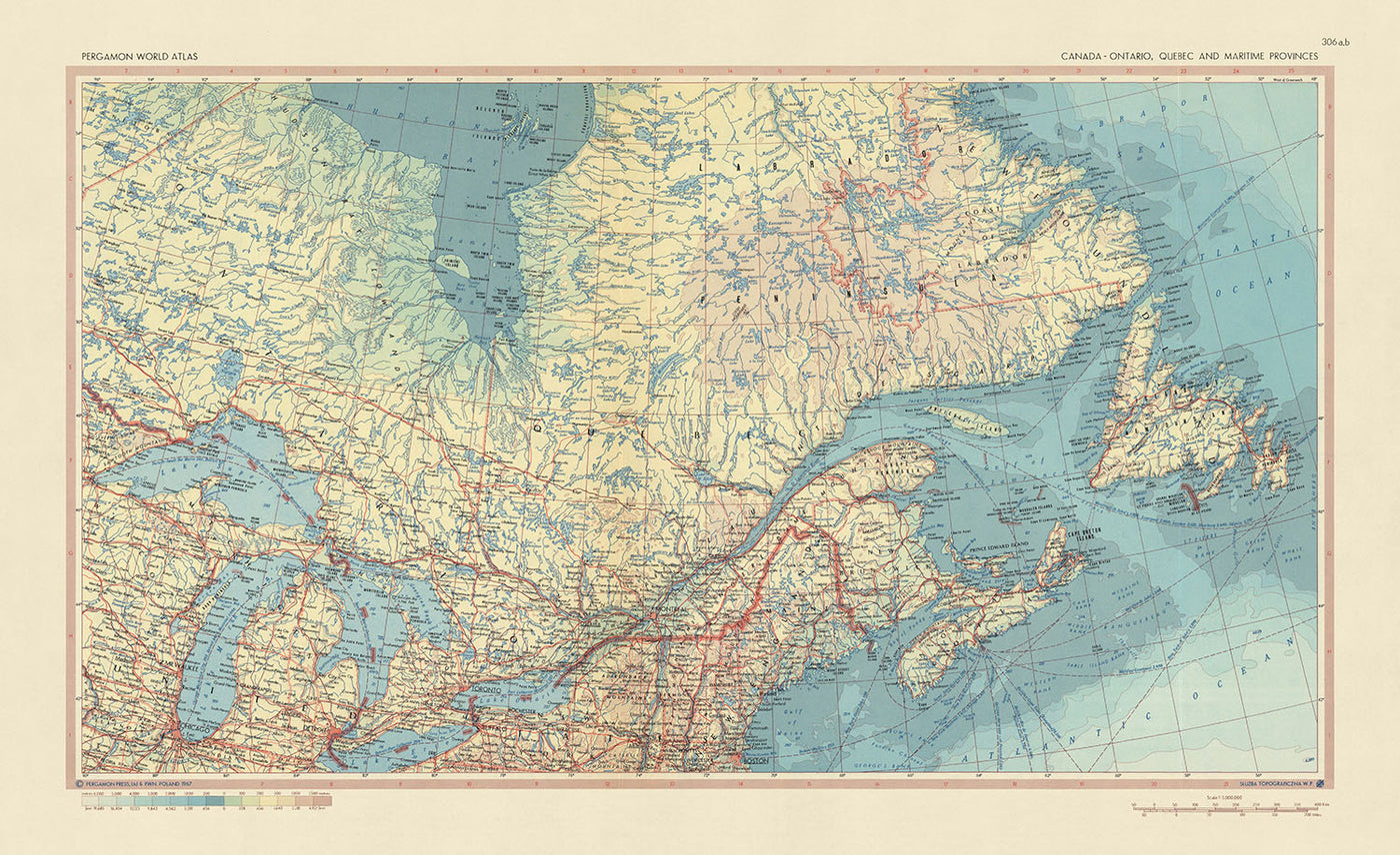 Mapa antiguo de Canadá, 1967: Ontario, Quebec, Terranova, Labrador, Nueva Escocia, Grandes Lagos 