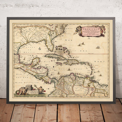 Ancienne carte des Caraïbes, de la Floride et de l'Amérique centrale par Visscher, 1690 : Louisiane, Texas, Géorgie, Yucatan, Triangle des Bermudes