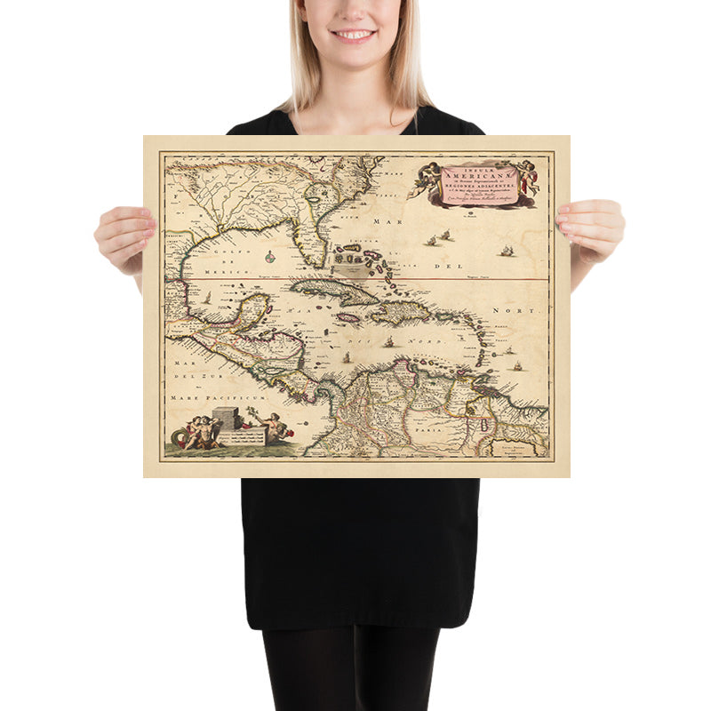 Ancienne carte des Caraïbes, de la Floride et de l'Amérique centrale par Visscher, 1690 : Louisiane, Texas, Géorgie, Yucatan, Triangle des Bermudes