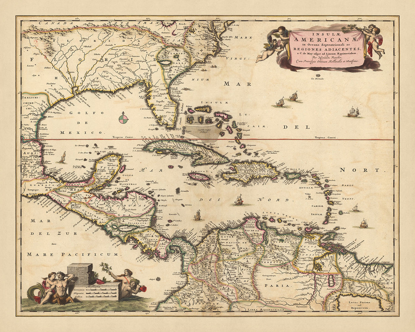 Ancienne carte des Caraïbes, de la Floride et de l'Amérique centrale par Visscher, 1690 : Louisiane, Texas, Géorgie, Yucatan, Triangle des Bermudes