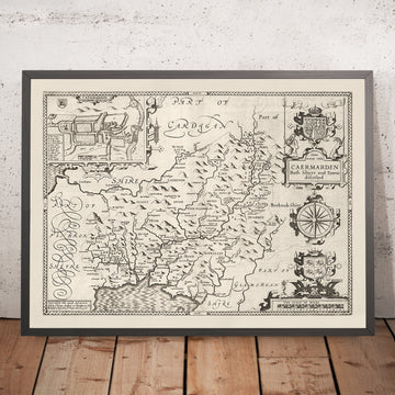 Old Monochrome Map of Carmarthenshire Wales, 1611 by John Speed - Carmarthen, Llanelli, Llandovery, Ammanford