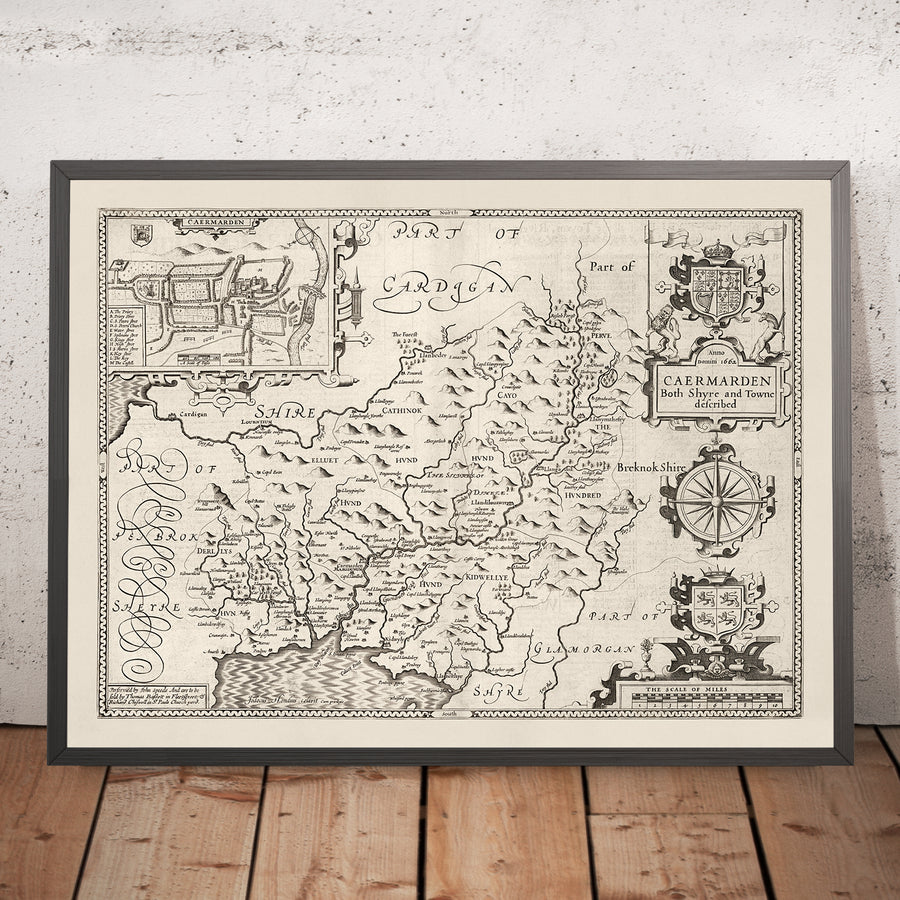 Old monochrome Carte of Carmarthenshire Wales, 1611 par John Speed ​​- Carmarthen, Llanelli, Llandovery, Ammanford