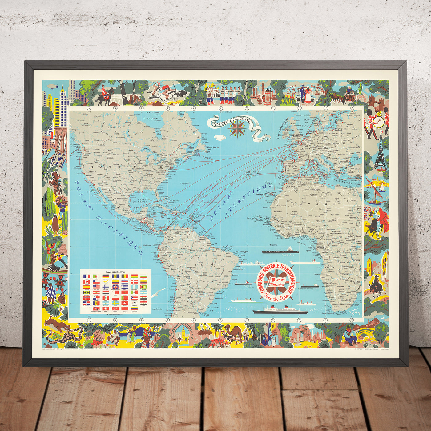 Ancienne carte de la Compagnie Générale Transatlantique par Blondel La Rougery, 1970 : Routes maritimes, navires de ligne 