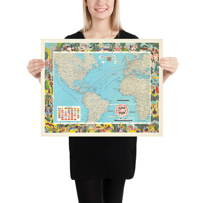 Ancienne carte de la Compagnie Générale Transatlantique par Blondel La Rougery, 1970 : Routes maritimes, navires de ligne 