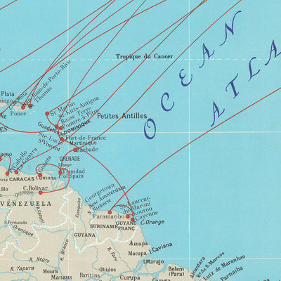 Ancienne carte de la Compagnie Générale Transatlantique par Blondel La Rougery, 1970 : Routes maritimes, navires de ligne 