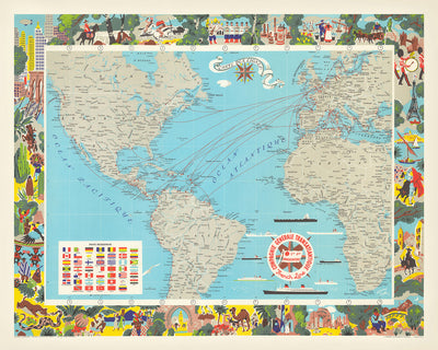 Ancienne carte de la Compagnie Générale Transatlantique par Blondel La Rougery, 1970 : Routes maritimes, navires de ligne 