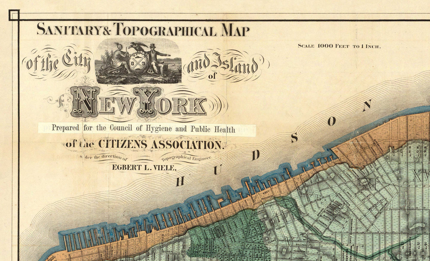 Ancienne carte des égouts et voies d'eau de Manhattan en 1865 par Ferdinand Mayer & Co - Hudson River, East River, Blackwells Island, NYC, Central Park