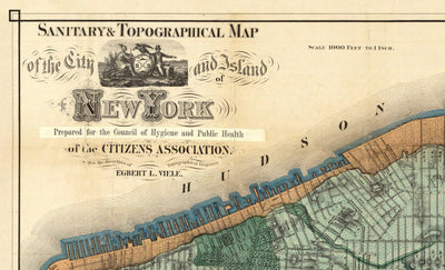 Ancienne carte des égouts et voies d'eau de Manhattan en 1865 par Ferdinand Mayer & Co - Hudson River, East River, Blackwells Island, NYC, Central Park