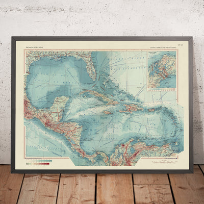 Ancienne carte de l'Amérique centrale et des Antilles, 1967 : Canal de Panama, péninsule de Floride, mer des Caraïbes et îles 
