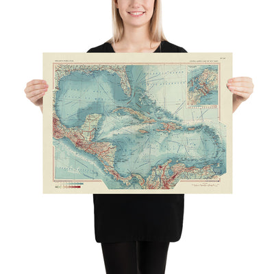 Ancienne carte de l'Amérique centrale et des Antilles, 1967 : Canal de Panama, péninsule de Floride, mer des Caraïbes et îles 