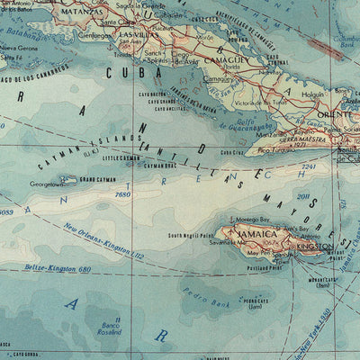 Ancienne carte de l'Amérique centrale et des Antilles, 1967 : Canal de Panama, péninsule de Floride, mer des Caraïbes et îles 