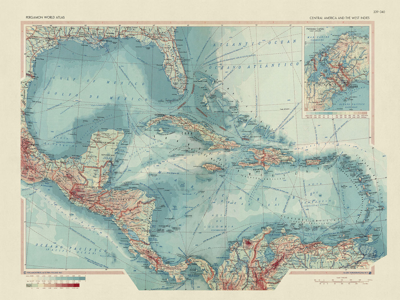 Ancienne carte de l'Amérique centrale et des Antilles, 1967 : Canal de Panama, péninsule de Floride, mer des Caraïbes et îles 
