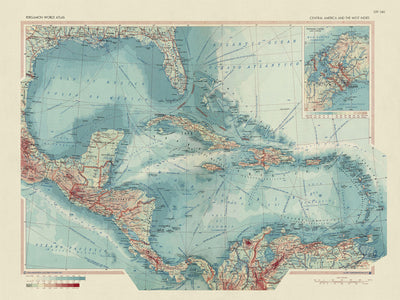 Ancienne carte de l'Amérique centrale et des Antilles, 1967 : Canal de Panama, péninsule de Floride, mer des Caraïbes et îles 