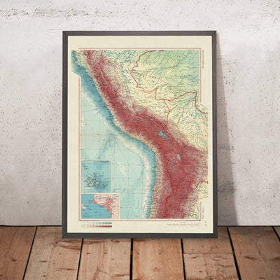 Mapa antiguo de los Andes Centrales, 1967: Andes Centrales, Islas Galápagos, Lima, Perú 