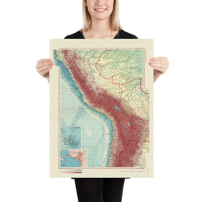 Mapa antiguo de los Andes Centrales, 1967: Andes Centrales, Islas Galápagos, Lima, Perú 