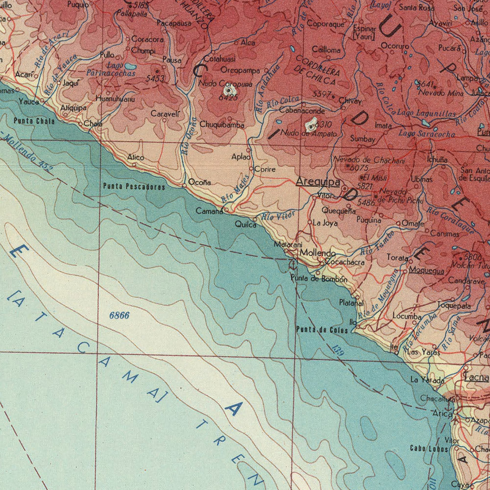 Mapa antiguo de los Andes Centrales, 1967: Andes Centrales, Islas Galápagos, Lima, Perú 
