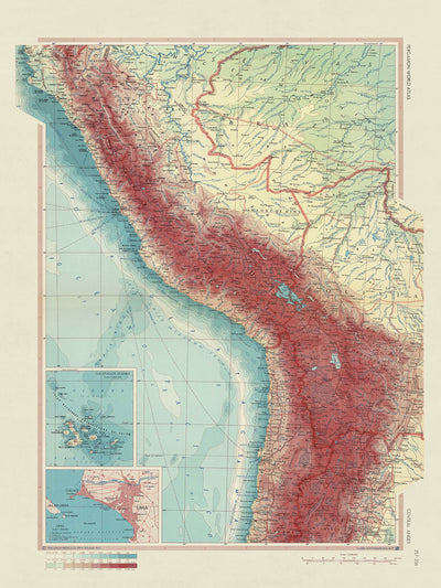 Mapa antiguo de los Andes Centrales, 1967: Andes Centrales, Islas Galápagos, Lima, Perú 