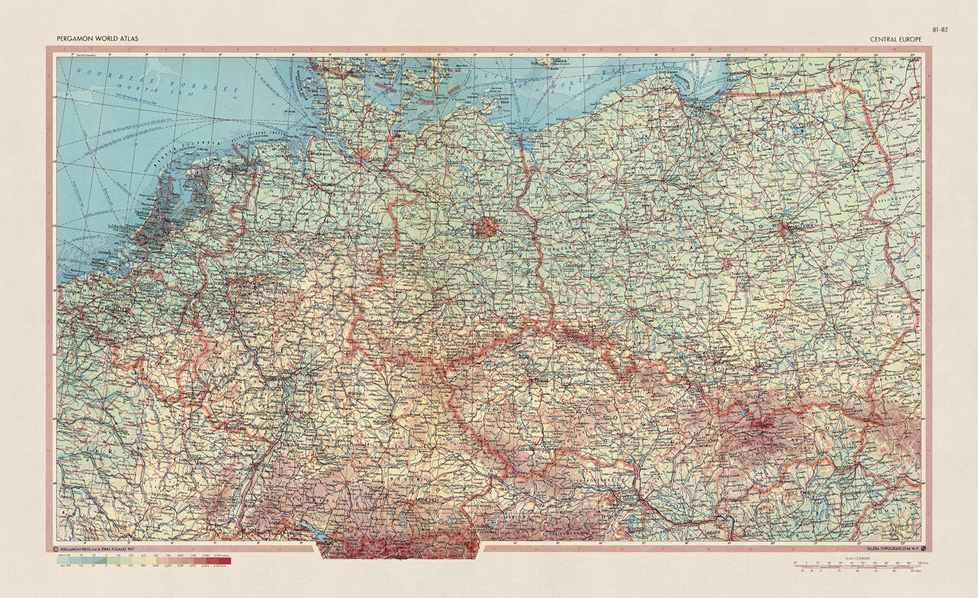 Alte Karte von Mitteleuropa, 1967: Deutschland, Polen, Tschechien, Belgien, Niederlande 