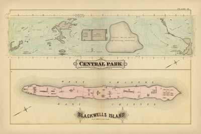 Ancienne carte de Central Park et de l'île Blackwell, NYC par Bromley, 1879 : Le lac, L'étang, Harlem Meer 