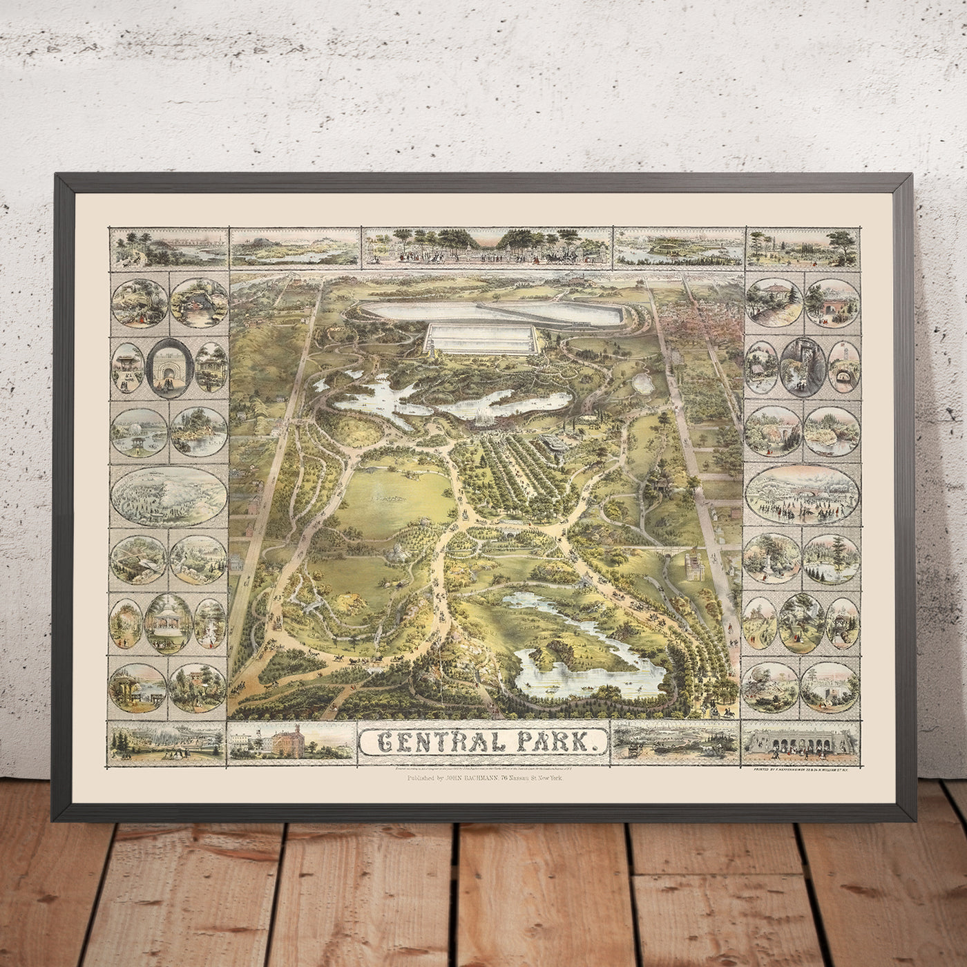 Mapa antiguo de Central Park, Nueva York por Bachmann, 1863: Fuente Bethesda, Sheep Meadow, The Ramble, Cherry Hill
