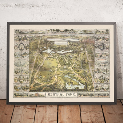 Mapa antiguo de Central Park, Nueva York por Bachmann, 1863: Fuente Bethesda, Sheep Meadow, The Ramble, Cherry Hill