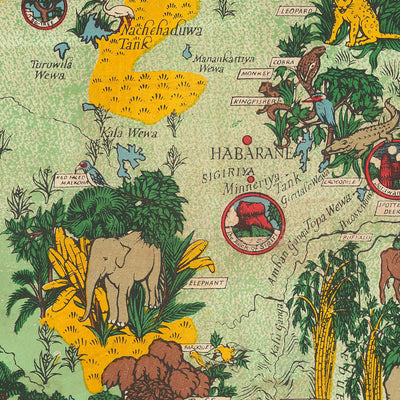 Ancienne carte picturale de Ceylan (Sri Lanka) par Gill, 1933 : Éléphants, Thé, Colombo, Pic d'Adam, Scènes de jungle 