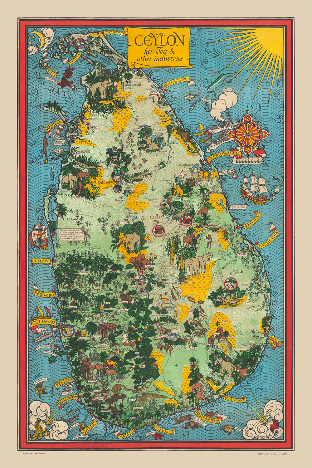 Ancienne carte picturale de Ceylan (Sri Lanka) par Gill, 1933 : Éléphants, Thé, Colombo, Pic d'Adam, Scènes de jungle 