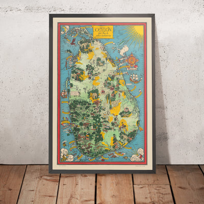 Ancienne carte picturale de Ceylan (Sri Lanka) par Gill, 1933 : Éléphants, Thé, Colombo, Pic d'Adam, Scènes de jungle 