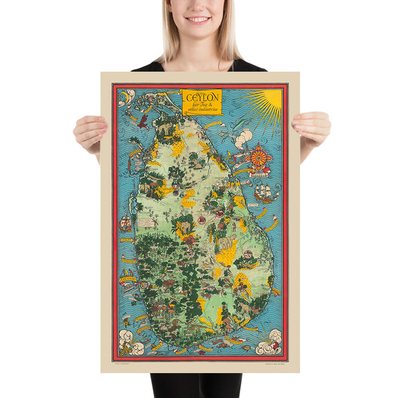 Mappa Pittorica Antica di Ceylon (Sri Lanka) di Gill, 1933: Elefanti, Tè, Colombo, Picco di Adamo, Scene della Giungla 