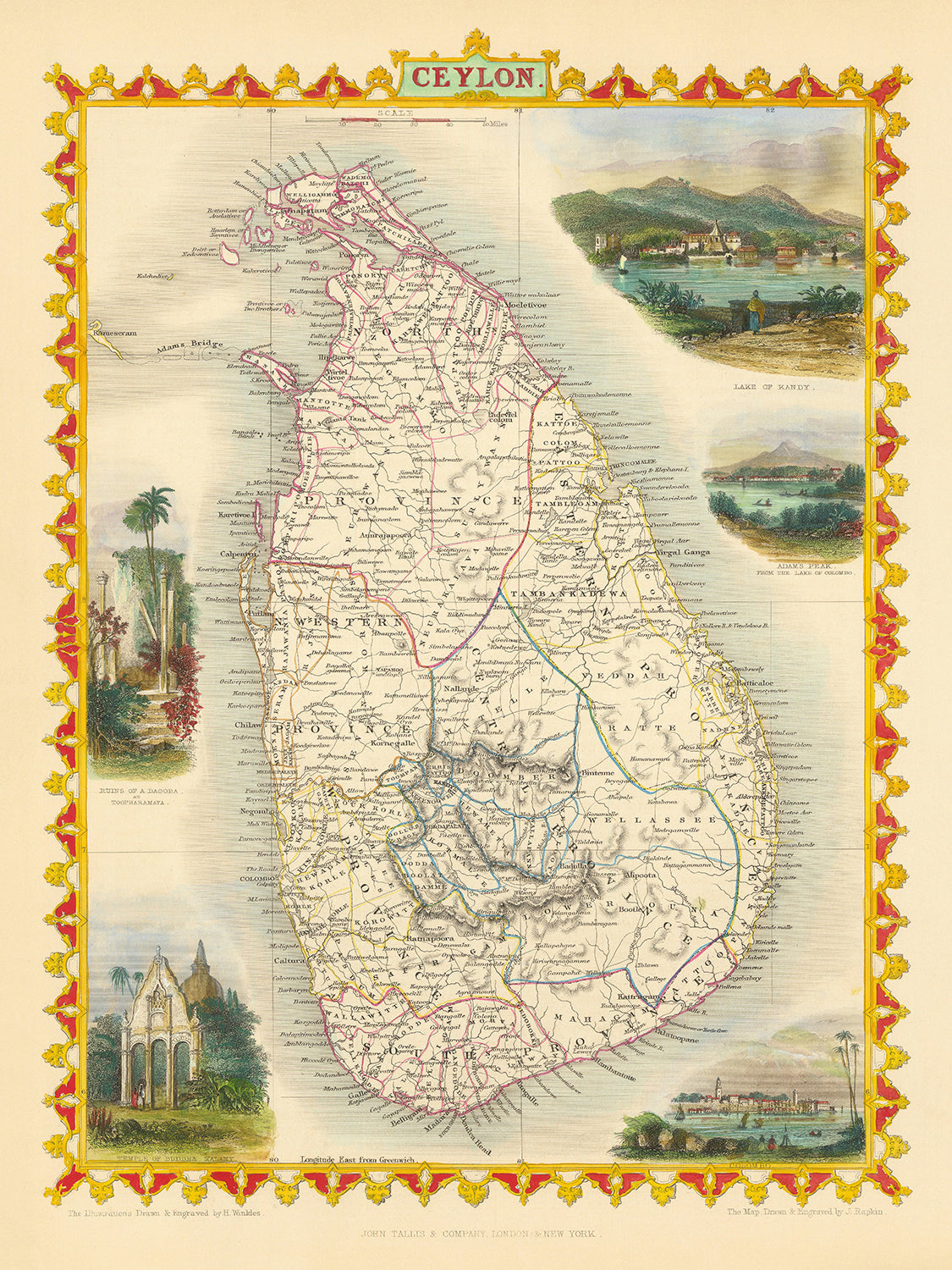 Old Map of Sri Lanka by Tallis & Rapkin, 1851: Ceylon, Colombo, Kandy, Temple of Buddha, Ruins of Dagora
