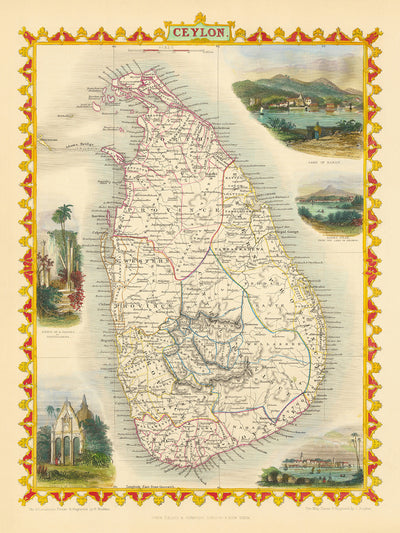 Old Map of Sri Lanka by Tallis & Rapkin, 1851: Ceylon, Colombo, Kandy, Temple of Buddha, Ruins of Dagora